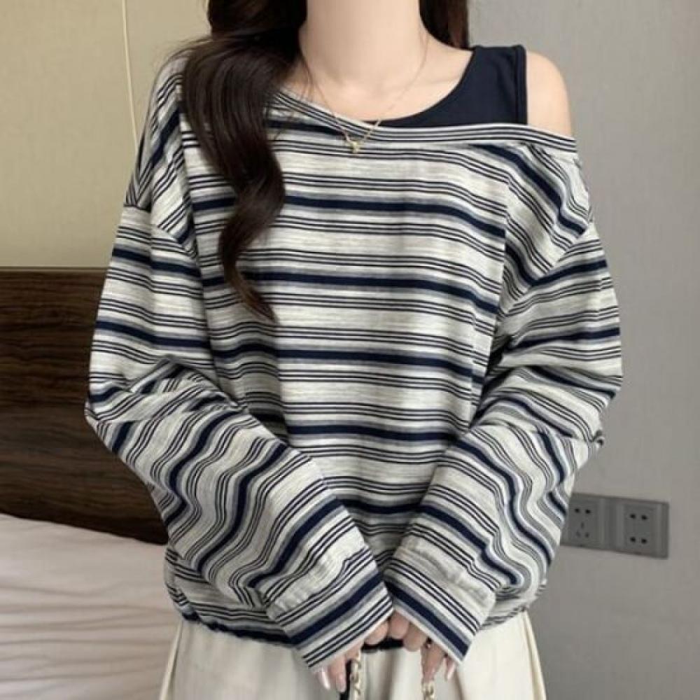 Navava Women Off Shoulder STripe DrawsTring Long Sleeve T shirT nT3202