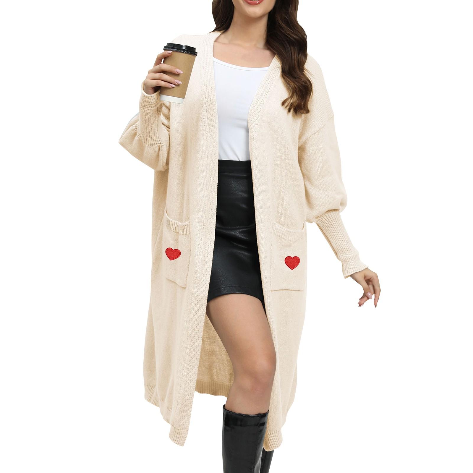 

Женский повседневный модный удобный свободный вязаный свитер в ленивом стиле с нашивкой Love, свитер с двумя карманами, кардиган One Size бежевый