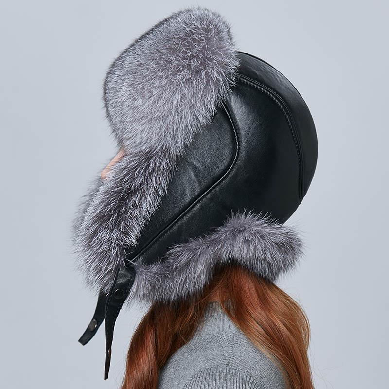 SOMALER Real Fox Fur Hat Earflap Thick Warm Winter Hats For Women Russian Bomber Hats Genuine Leather Caps