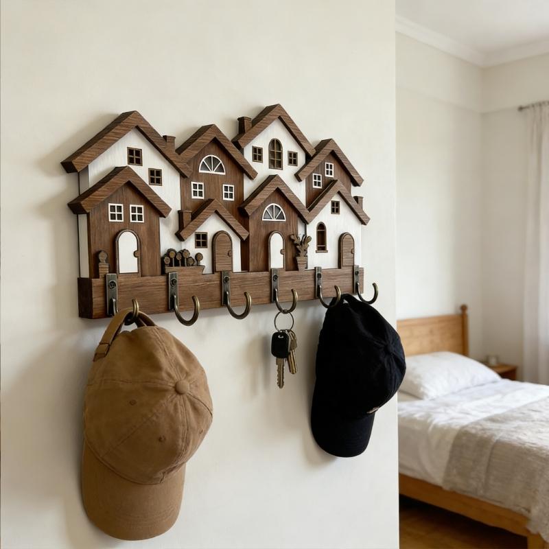 Retro Inspires Wood Key Holder With 3D House Shape Decorative Wooden Hanger For Keys And Small Items