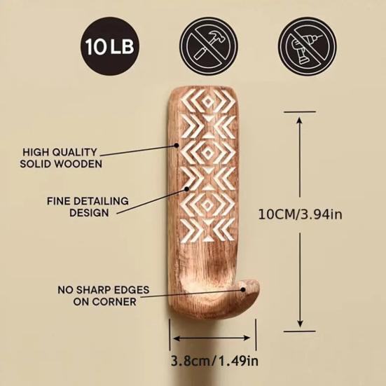 3 Stück verdickte reine Holz-Wandhaken mit Metallverstärkungen, strapazierfähige Kleider-Rucksack-Haken, Heimdekoration