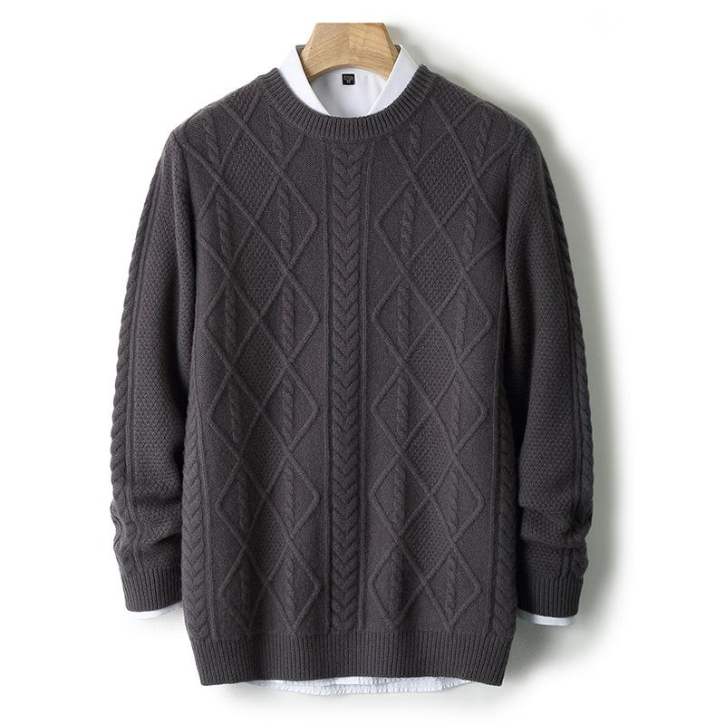 Men's British Style 100% Wool Sweater, Round Neck, 3D Cable Knit, Loose Fit, Five-Needle Thickened Casual Base Layer.