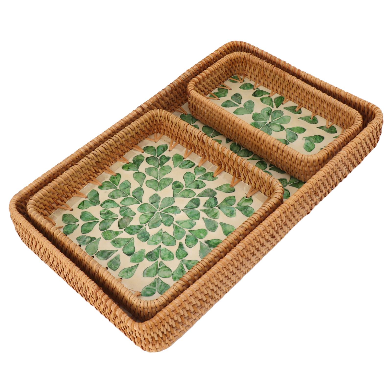 Lot de 3 plateaux à fruits rectangulaires en rotin, plateau de rangement polyvalent pour la maison et le restaurant