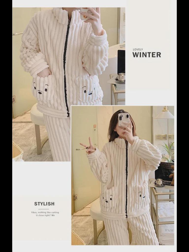 Pyjama d'hiver pour femme grande taille en velours corail et jacquard - Vêtement d'intérieur doux et confortable (Jusqu'à 200 livres)