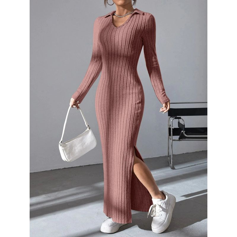 

Jersey Dress New Arrival Women s Clothing Knitting Silm Lapel Long Sleeves Dress Pure Color Tight Slim Fit Long Dress Women Pink XL