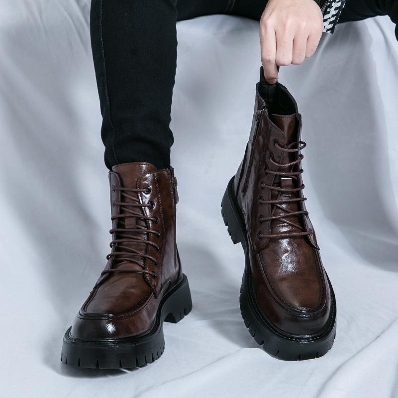 New Men's High-Top Leather Martin Boots - Autumn/Winter European & American Fashion, Lace-Up Motorcycle Ankle Boots.