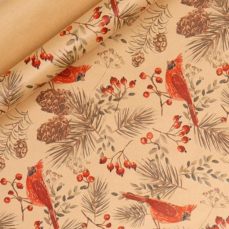 Crease-Free Christmas Gift Wrap Roll with Floral & Bird Designs, Yellow Kraft, 43x300cm