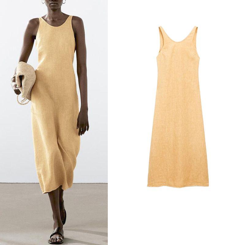 MD Summer Women's Clothing Vacation Style Minimalist Fancy Linen Blended Length Open Back Sling Dress 6633586