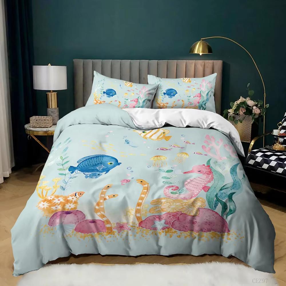 Copripiumino Cartoon Animali Marini King/Queen Set Biancheria da Letto Nautico Costiero Coperta Trapuntata Cavalluccio Marino Set da 3 Pezzi Per Bambini e Bambine