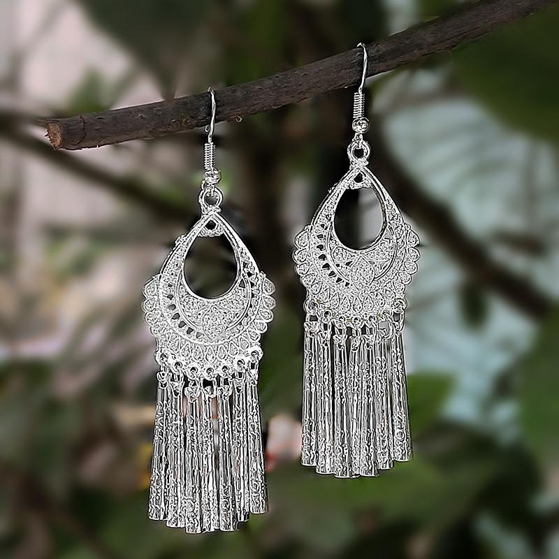 Miao geometric bells, fringed earrings, minority earrings, bohemian long leaf earrings