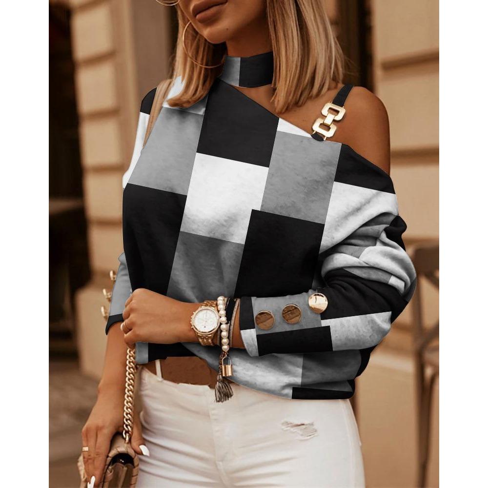 HNXC Autumn and Winter Long-sleeved Chain-hung Neck with Printed Button Decoration Top for Women