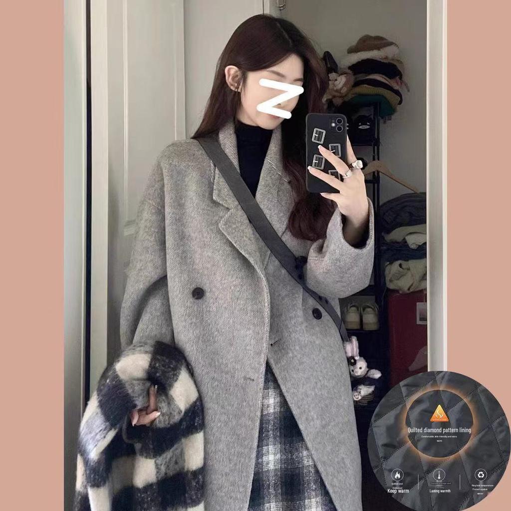 Women's Petite Mid-Length Thickened Black Wool Coat – Versatile, High-End Feel for Autumn & Winter