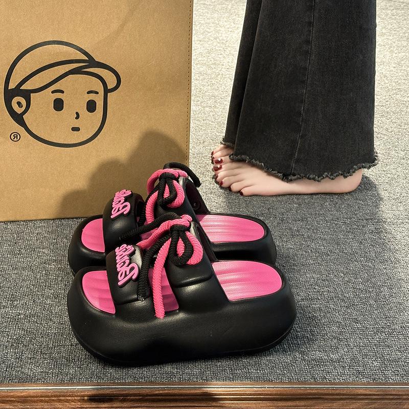 Thick-soled Flip-flops Women's Shoes Summer Lace-up Big Brand Shoes with A Poop Feel Beach Flip-flops