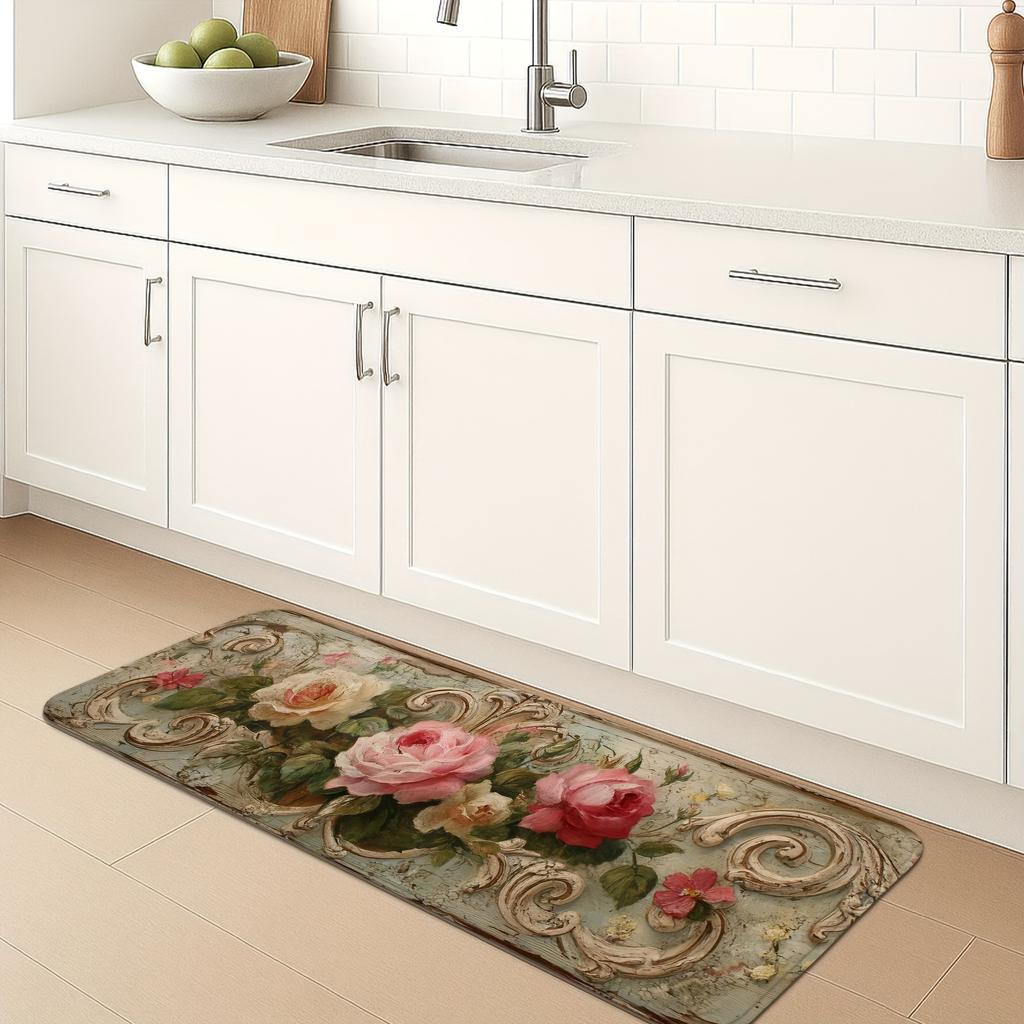 1 Stück Anti-Ermüdungs-Küchenteppiche, Vintage-Blumendruck, wasserdicht, rutschfest, dick gepolstert, Küchenmatte, strapazierfähig, bequeme Stehmatte für die Küche