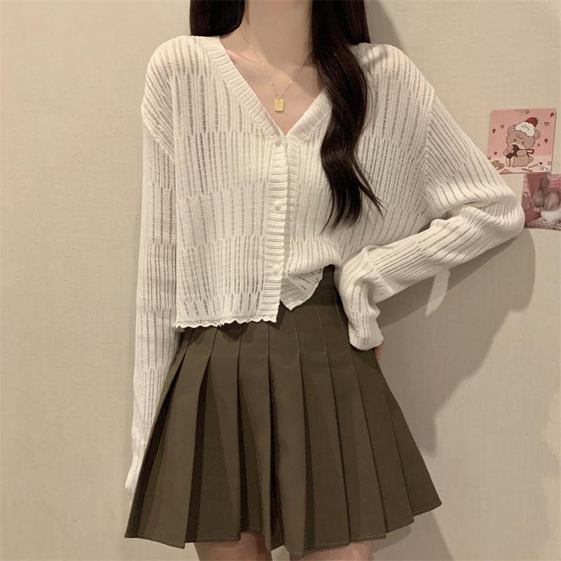 Thin Ruffled V - Neck Knitted Sweater for Women Long - Sleeve Sun - Protection Short Cardigan for Summer Figure - Slimming Outerwear Top