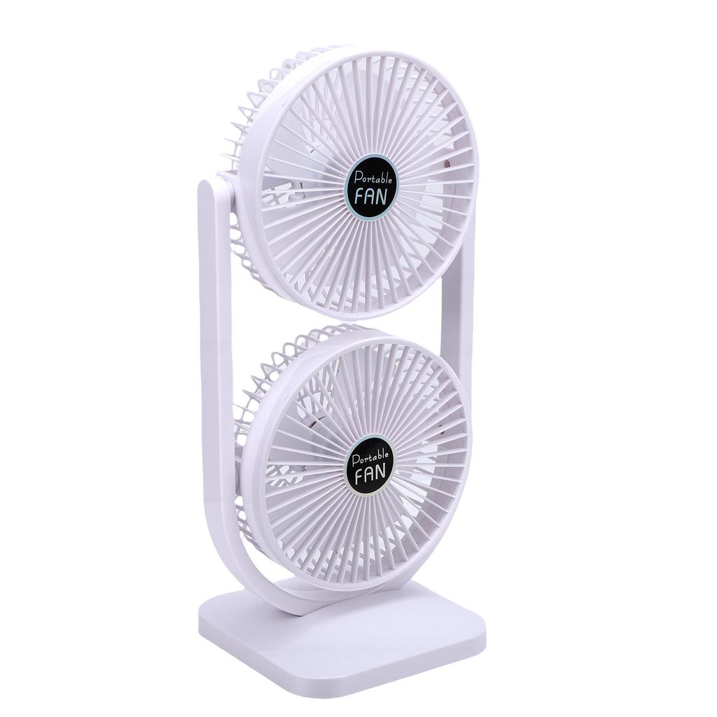 Dual Head Desk Fan USB Rechargeable 3 Speed Portable Electric Floor Fan for Home Office Dorm Travel White