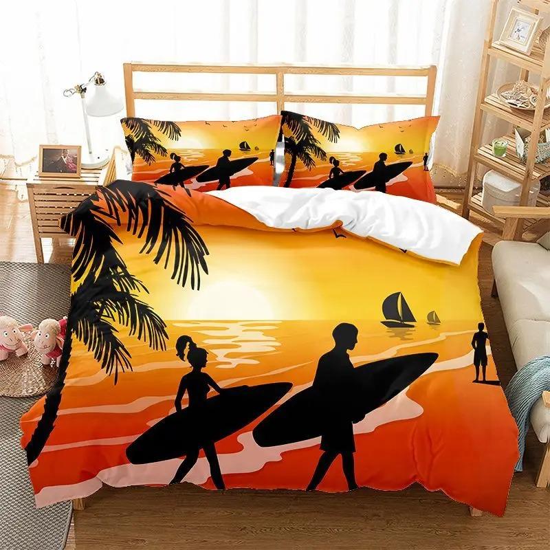 Beach Duvet Cover Twin King Size Microfiber Coconut Palm Trees Bedding Set Sunset Tropical Sandy Beach Landscape Comforter Cover