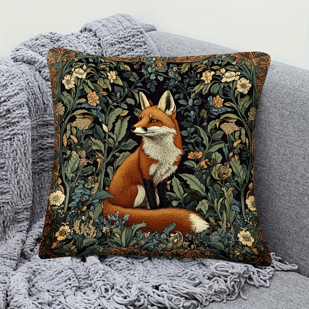 Vintage-style Forest Fox Pillowcase - Dark Orange, Light Green, and Blue | Short Plush 45.72x45.72cm, with Zipper Closure | Machine Washable, Suitable