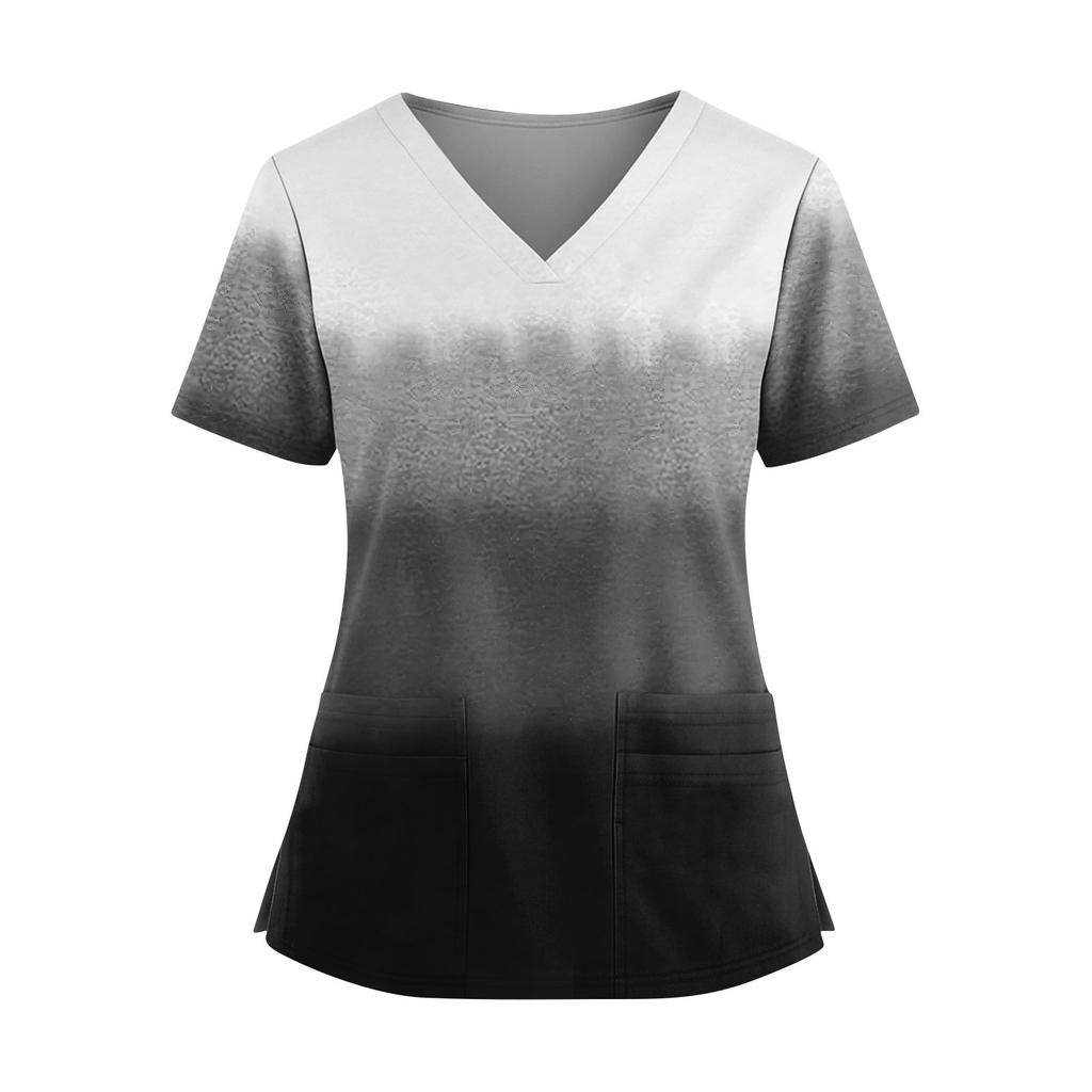 Women's Fashionable Printed V Neck Double Pocket Short Sleeved Shirt With Slit Hem Uniform And Worker Top