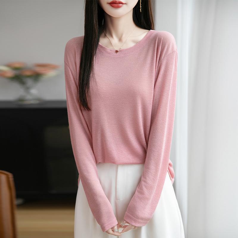 Summer New Crew Neck Knitted Sweater Long-sleeved Solid Color Loose Versatile Pullover Bottoming Shirt Women's Knitted Sunscreen Shirt