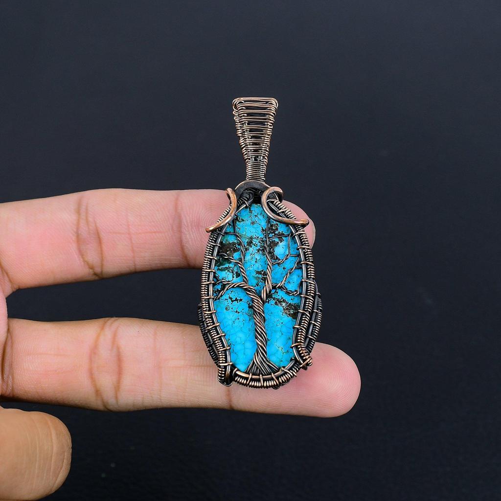 Tibetan Turquoise Pendant, 999 Copper Wire Wrapped Gemstone Jewelry, Handmade Pendant, For Thanksgiving