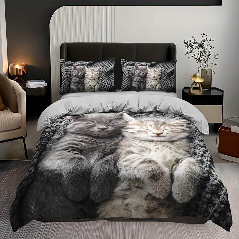 Cute Cat Print Duvet Cover Set - Soft Breathable Polyester Bedding For All Seasons Includes 1 Duvet Cover 2 Pillowcases
