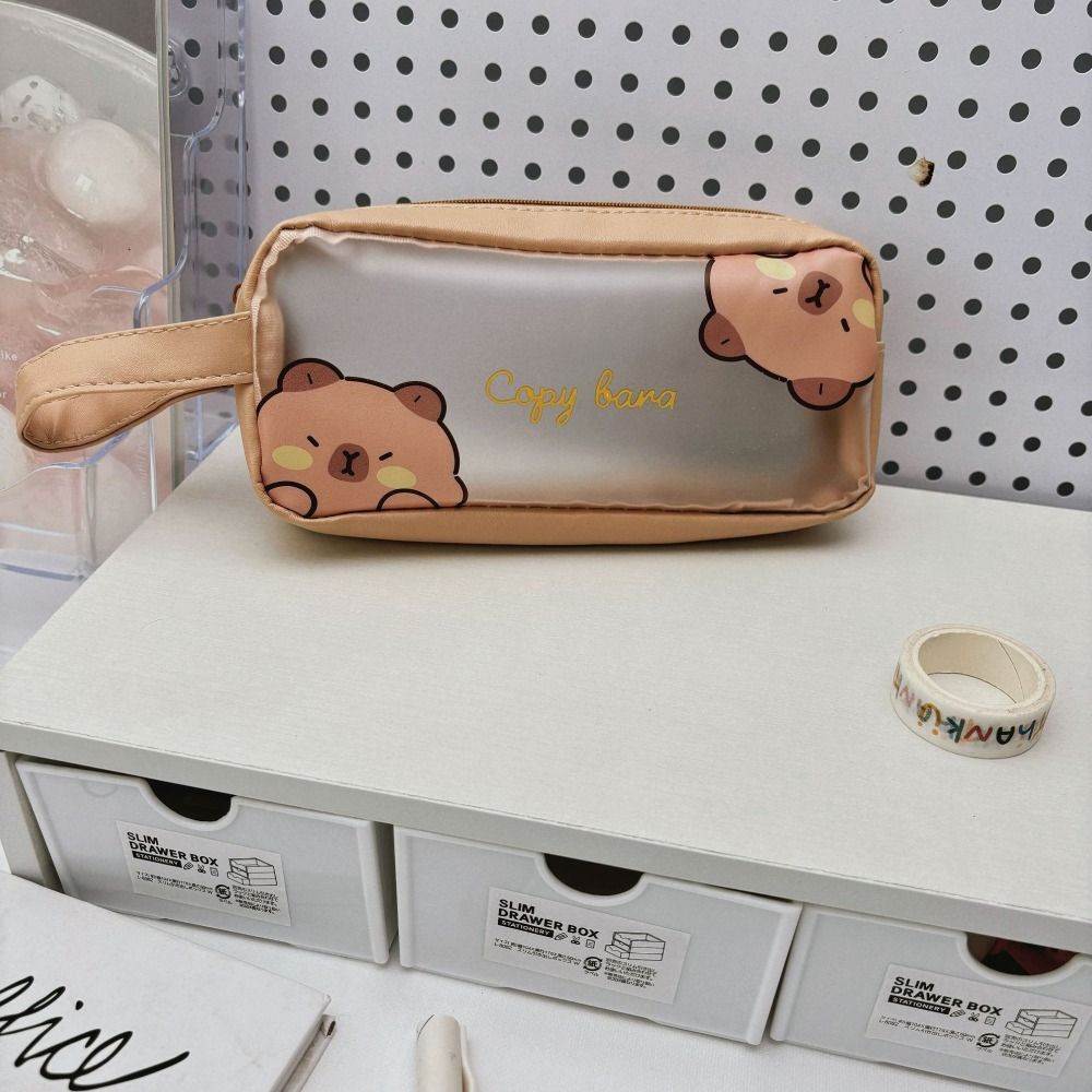 Capybara Pencil Case with Handle Matte Transparent Stationery Storage Pouch Large Capacity Pen Bag Office School Supplies