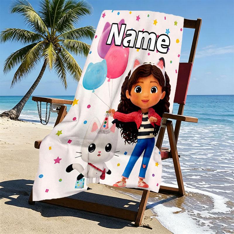Custom Name Personalized Gabby's Dollhouse Print Beach Towel, for Trip Camping Beach Party Home Decor, Birthday Gift for Family & Friends