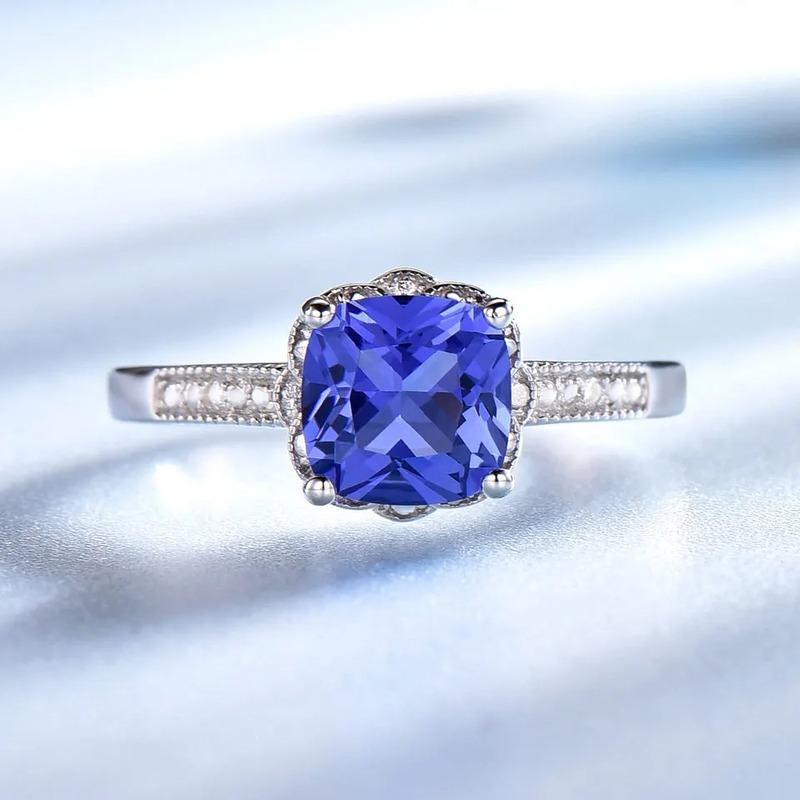 925 Sterling Silver  Rings Princess Cut Created Nano tanzanite Blue Square Gemstone Party Wedding  Fine Jewelry Birthday Gift