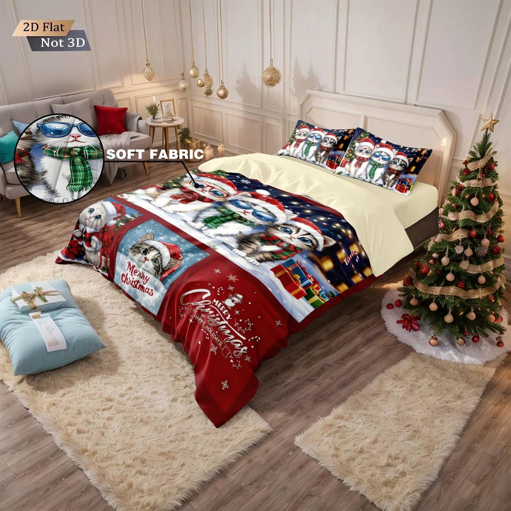 3Pcs Merry Christmas Cat Bedding Set Printed Chipless Duvet Cover Set Soft Dormitory Bedroom Multiple Sizes Machine Washable