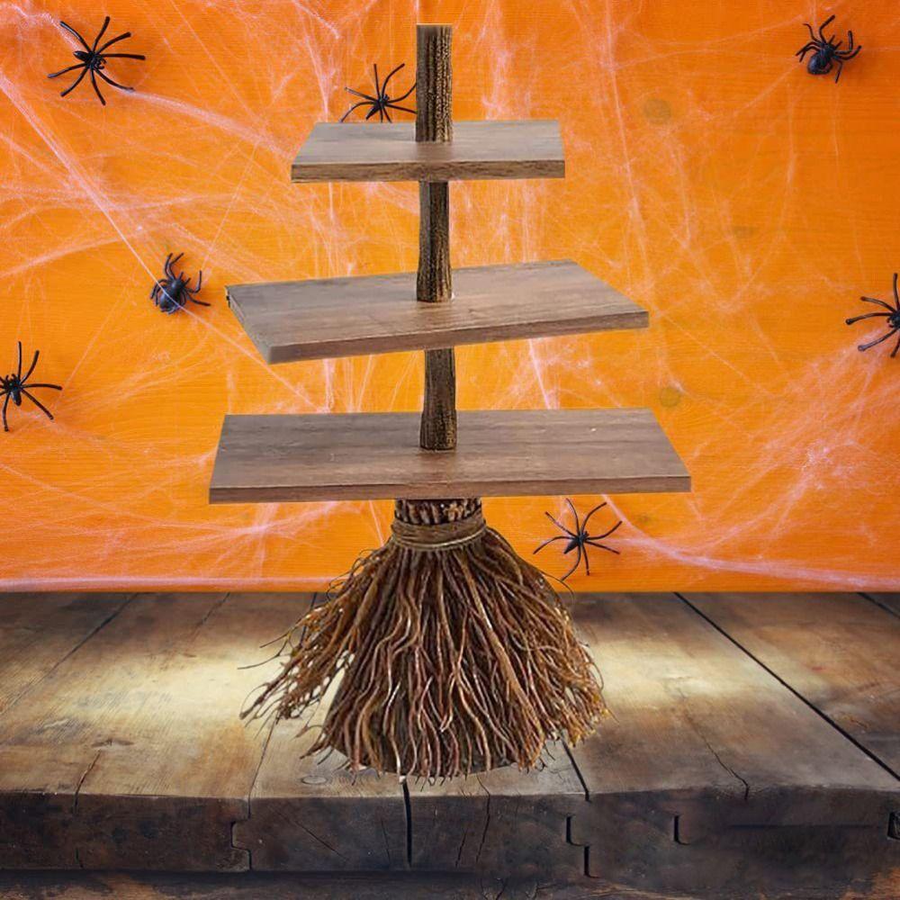 Wooden Table Snack Tray Anti-deformation Witch Broom Table Halloween Wood Cake Stand  Cake Stand