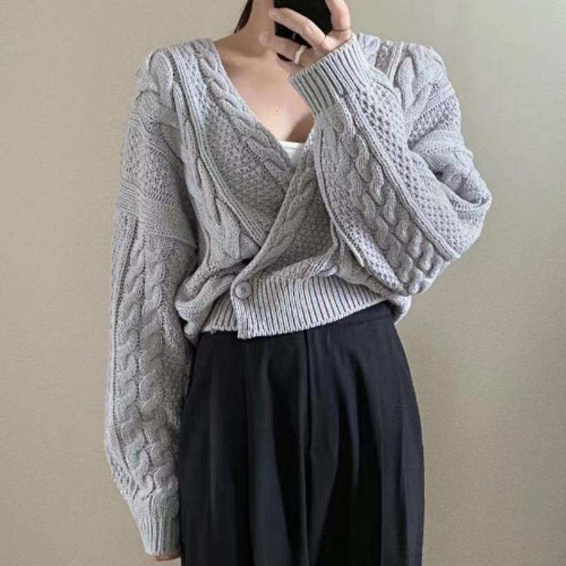 

Шикарный ретро повседневный свитер с V-образным вырезом, кардиган, женский осенний длинный рукав, однотонный трикотажный кардиган, куртка для женщин, модный женский зимний кардиган 25528 One Size серый