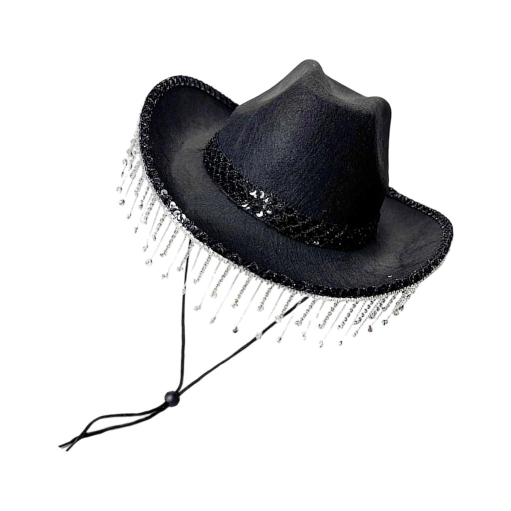 Romantic Wedding Cowboy Hat Rhinestone Accents Flowing Tassels Delicate Lace Trim Adjustable Adult Size