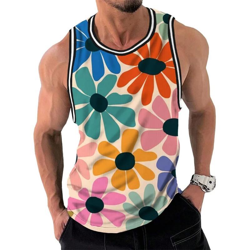 Summer Round Neck 3D Rainbow Flowers Pattern Printed Top Fashionable Casual Sleeveless Vest Men's T-shirts