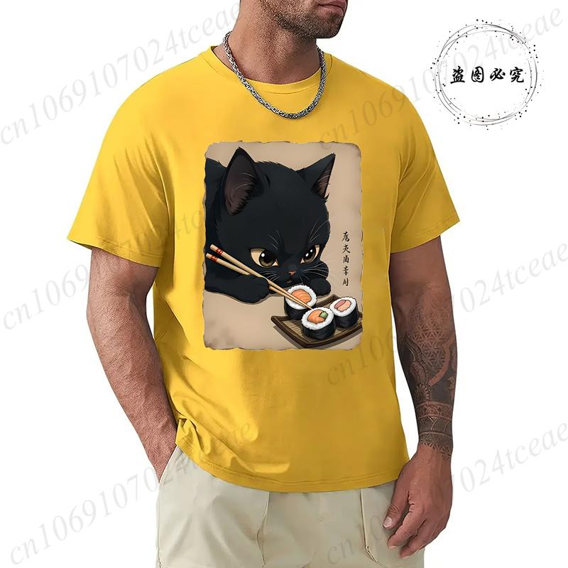 T Shirt for Men Black Cat Sushi Printed Men Fashion Style Design Clothing Anime Cat Cartoon Men TShirt Casual Tees Short Sleeve