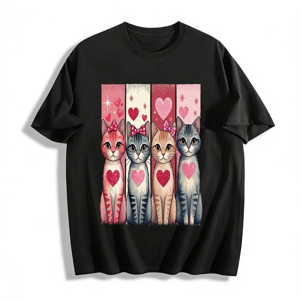 Glitter Heart Bow Cat Print Casual Top Pure cotton T-shirt XXS