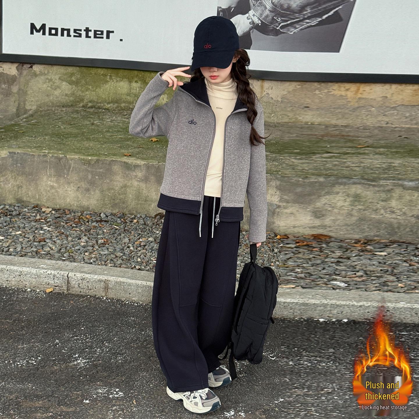 

Девочки 2025 Осень/Зима Флисовый комплект: Теплое пальто и толстые широкие брюки для детей 130 cm