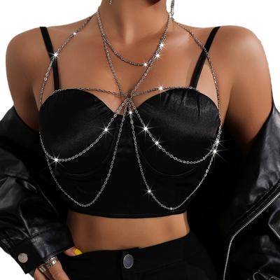 Women's Layered Metal Chain Body Jewelry Bra Chest Chain Halterneck Backless Crop Top Necklace for Nightclub Raves Party