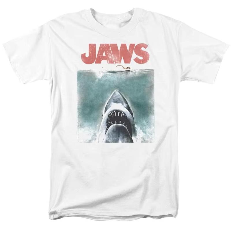The 2025 Summer and Autumn New Great White Shark Retro Printed T-shirt Is a Loose and Trendy Short-sleeved Cotton Couple's Top
