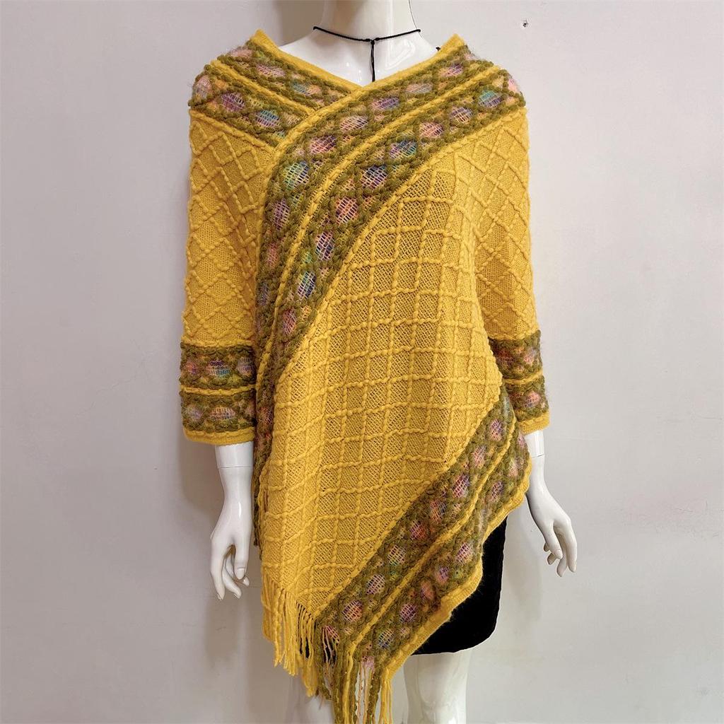 2022 Autumn/Winter Women's V-Neck Rainbow Tassel Cape Sweater