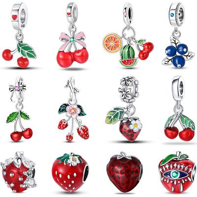 Prata S925 Morango Cereja Mirtilos Pingentes Compatíveis com Pulseiras Pan DIY Joias Frutas Doces Presentes de Aniversário para Ela