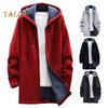 Men Winter Coat Hooded Drawstring Long Sleeve Plush Lining Mid-length Knitting Coat Zipper Placket Thickened Knitwear