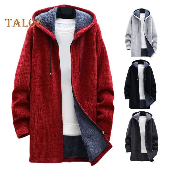 Men Winter Coat Hooded Drawstring Long Sleeve Plush Lining Mid-length Knitting Coat Zipper Placket Thickened Knitwear