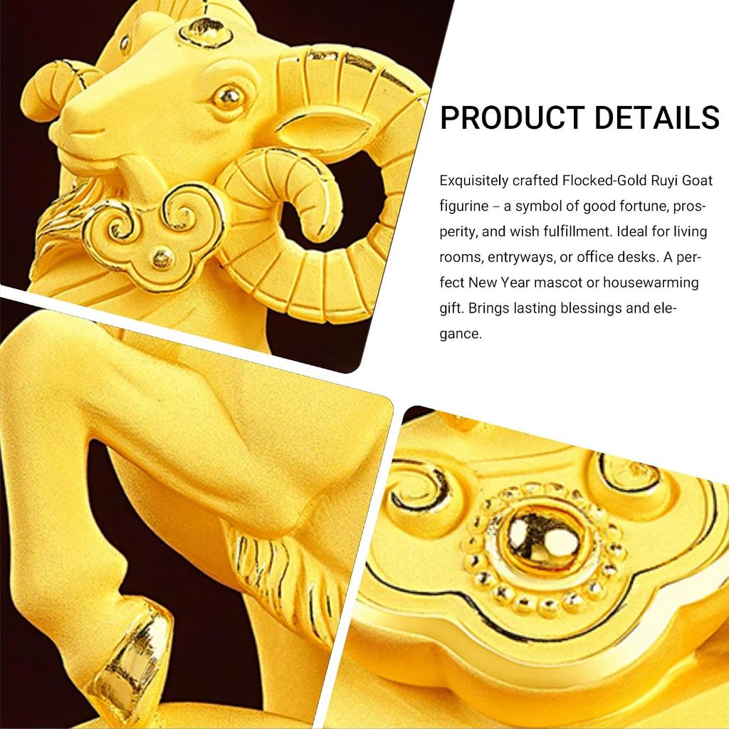 Auspicious Fortune Ram Figurine Statue, Premium Sandblasted Metallic Sandy Finish, Classic Oriental Feng Shui Art Style Decor, Prosperity Centerpiece