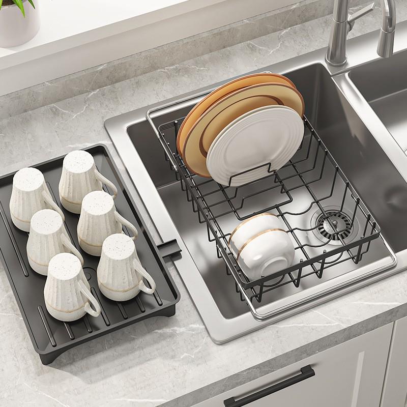 Adjustable Sink Drain Rack Dishes Bowls Fruits Vegetables Kitchen Countertop Organizer Modern Minimalist Metal
