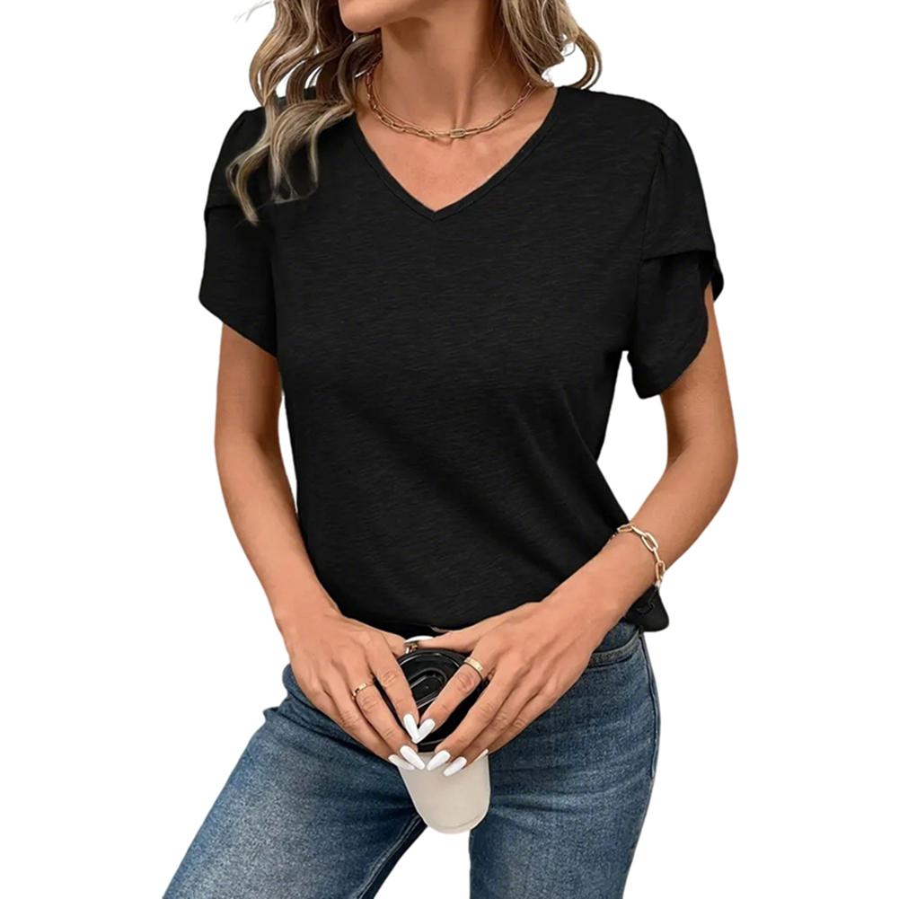 Women s V-neck Short-Sleeve Top with Openwork Embroidery on the Back M