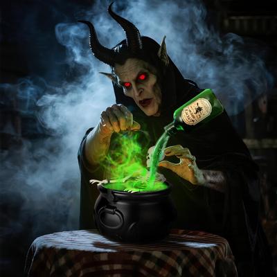 Decorations Indoor - Cauldron Decor With Black Plastic Witches Cauldron And LED Mist Maker Skeleton - Spooky Vintage Party Decoration 50ml
