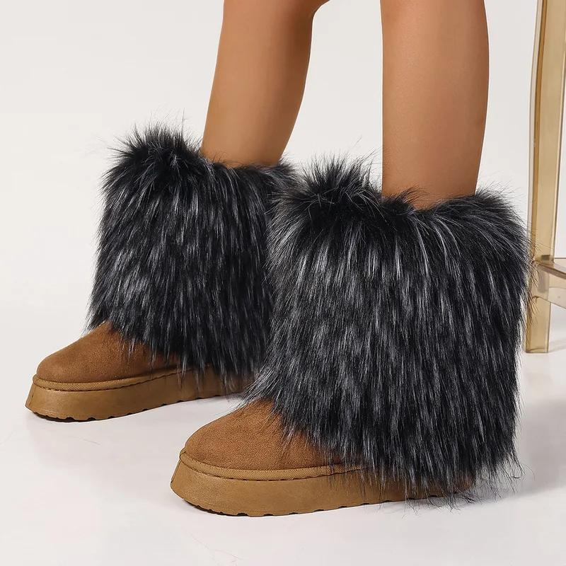 Winter women faux fur snow boots warm short plush lining fluffy fashion furry shoes woman platform suede leather ankle boots