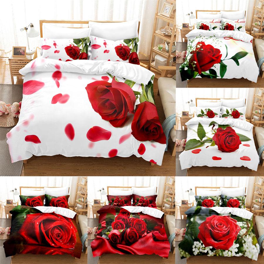Red Flower Full Size Duvet Covers Rose Quilt Cover 200X230Cm Bedding Set 3Pcs 2Pcs 210X210Cm King Queen Single Double Bed