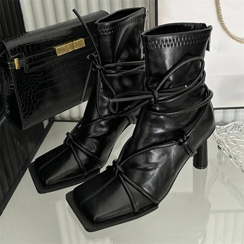Spring Autumn Design Cross- Strap Women Ankle Boots Punk Style Square Toe High Heels Zipper Booties Shoes